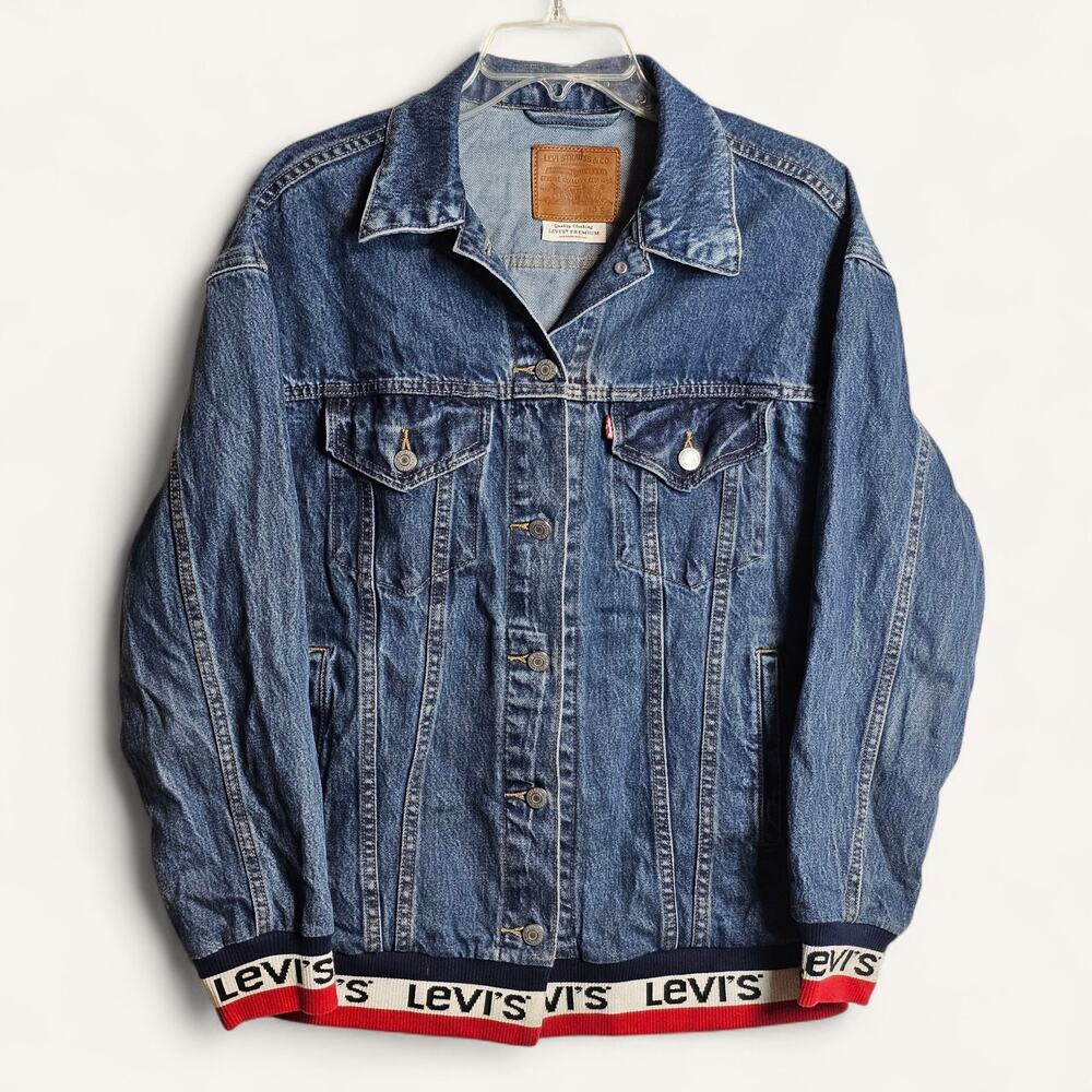 Levis Baggy Sport Tape Trucker Jean Jacket Womens Small Blue Denim